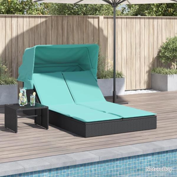 Chaise longue double et auvent et coussins noir r�sine tress�e