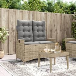 Banc inclinable de jardin avec coussins beige r&eacute;sine tress&eacute;e