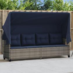 Chaise longue avec auvent et coussins gris r&eacute;sine tress&eacute;e