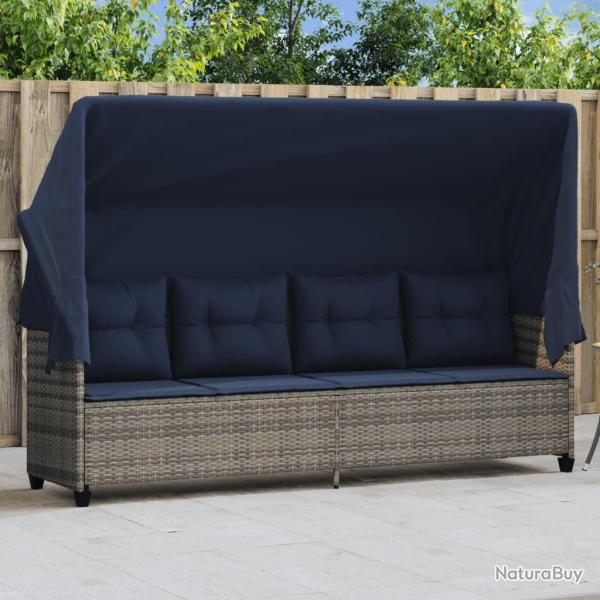 Chaise longue avec auvent et coussins gris r�sine tress�e