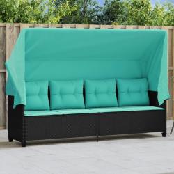 Chaise longue avec auvent et coussins noir r&eacute;sine tress&eacute;e
