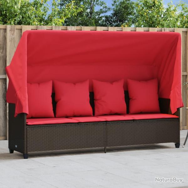 Chaise longue avec auvent et coussins marron r�sine tress�e