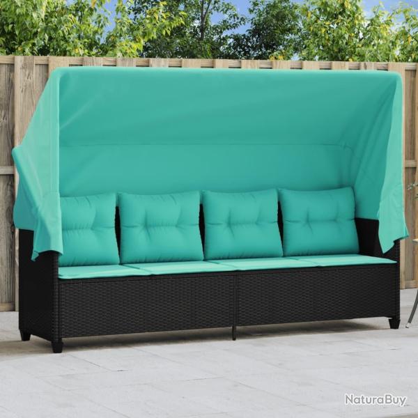 Chaise longue avec auvent et coussins noir r�sine tress�e