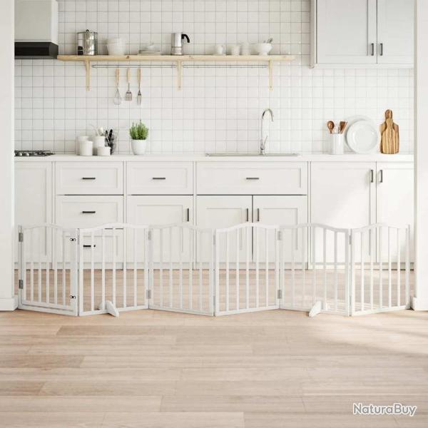 Barri�re pour chiens et porte 6 panneaux blanc bois de peuplier