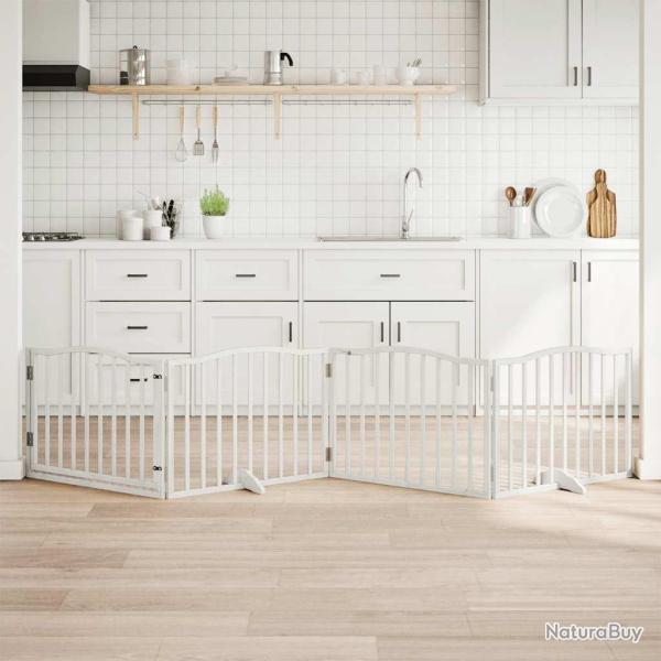 Barri�re pour chiens et porte 4 panneaux blanc bois de peuplier
