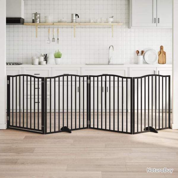 Barri�re pour chiens et porte 4 panneaux noir bois de peuplier