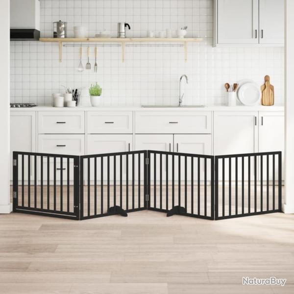 Barri�re pour chiens et porte 4 panneaux noir bois de peuplier