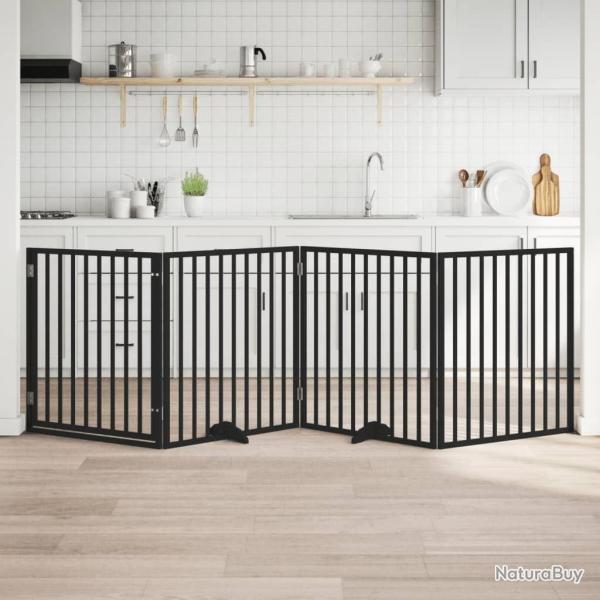Barri�re pour chiens et porte 4 panneaux noir bois de peuplier