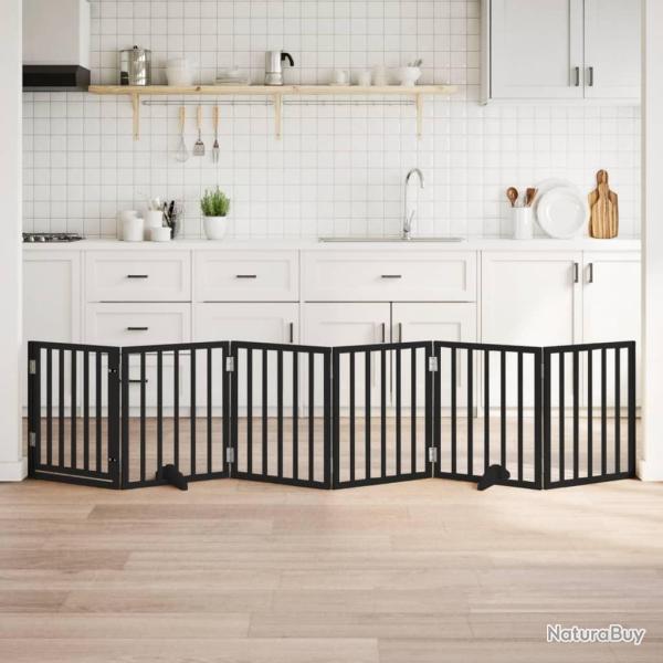 Barri�re pour chiens et porte 6 panneaux noir bois de peuplier