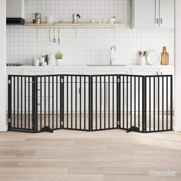 Barri�re pour chiens et porte 6 panneaux noir bois de peuplier