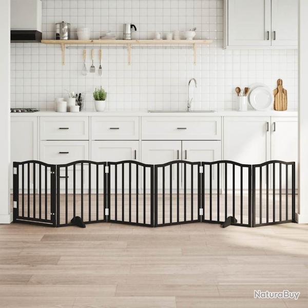 Barri�re pour chiens et porte 6 panneaux noir bois de peuplier