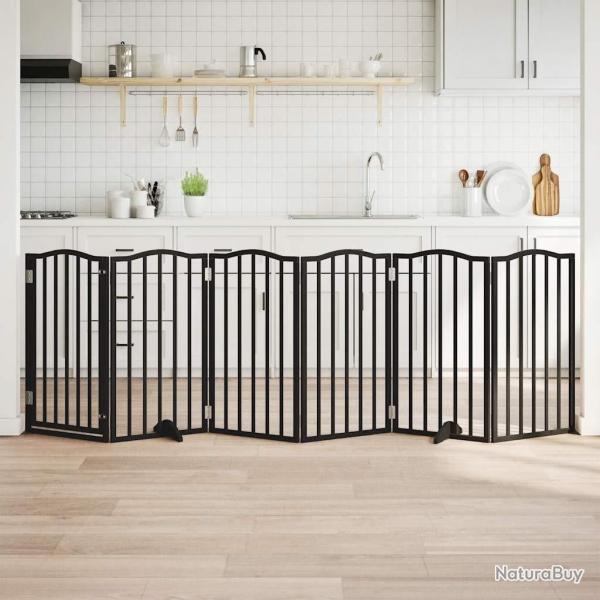 Barri�re pour chiens et porte 6 panneaux noir bois de peuplier