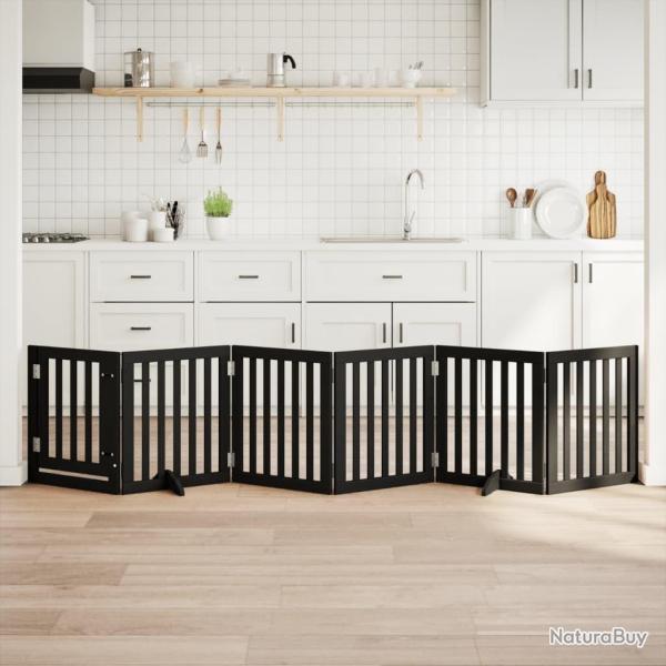Barri�re pour chiens et porte 6 panneaux noir bois de peuplier