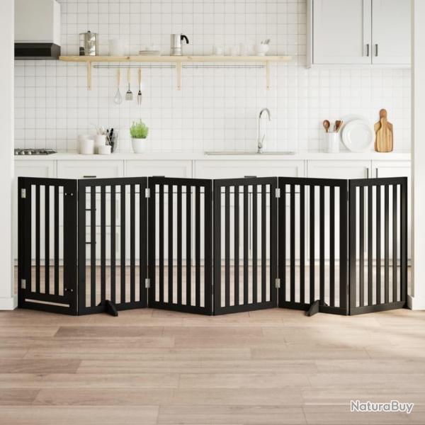 Barri�re pour chiens et porte 6 panneaux noir bois de peuplier