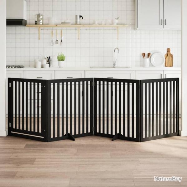 Barri�re pour chiens et porte 4 panneaux noir bois de peuplier