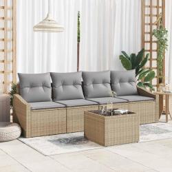 Ensemble de Canap&eacute;s avec coussin 5 pcs Beige et gris polyrotin