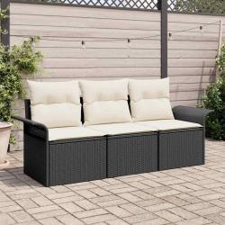 Ensemble de canap&eacute; de jardin avec coussin 3 pcs Noir Poly rotin