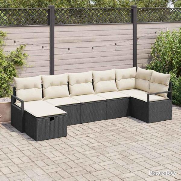 Ensemble de Canap�s avec coussin 7 pcs Noir et Cr�me polyrotin