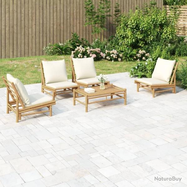 Salon de jardin 5 pcs avec coussins blanc cr�me bambou