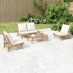 Salon de jardin 4 pcs avec coussins blanc cr&egrave;me bambou