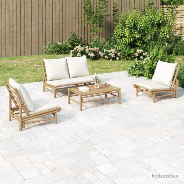 Salon de jardin 4 pcs avec coussins blanc cr�me bambou