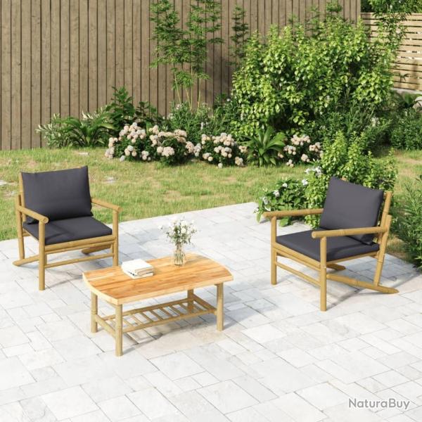 Salon de jardin 3 pcs avec coussins gris fonc� bambou