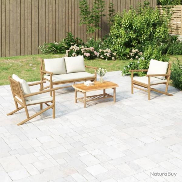 Salon de jardin 4 pcs avec coussins blanc cr�me bambou