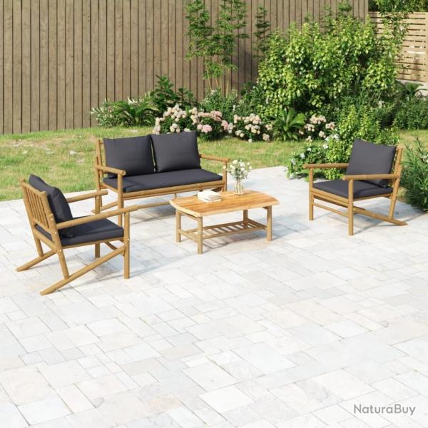 Salon de jardin 4 pcs avec coussins gris fonc� bambou