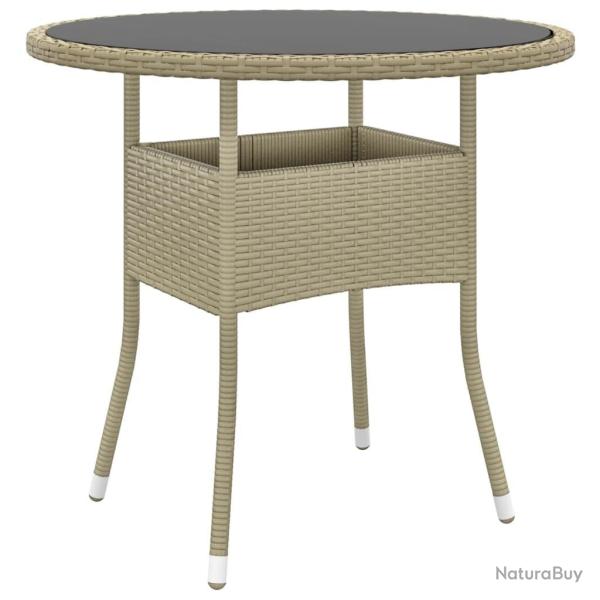 Table de jardin �80x75 cm Verre tremp�/r�sine tress�e Beige