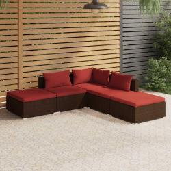 Salon de jardin 5 pcs avec coussins r&eacute;sine tress&eacute;e marron