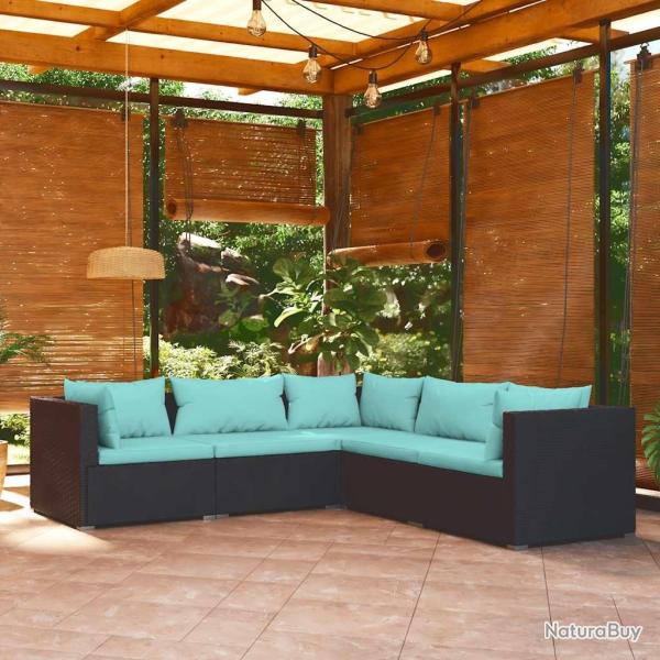Salon de jardin 5 pcs avec coussins R�sine tress�e Noir