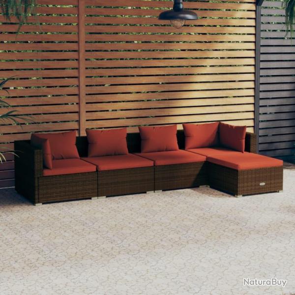 Salon de jardin 5 pcs avec coussins r�sine tress�e marron