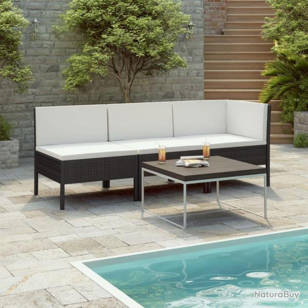 Salon de jardin 3 pcs avec coussins R�sine tress�e Noir