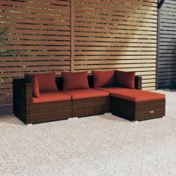 Salon de jardin 4 pcs avec coussins R&eacute;sine tress&eacute;e Marron