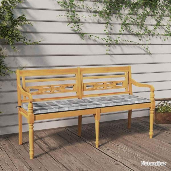 Banc Batavia coussin � motif de carreaux gris 150cm Bois teck