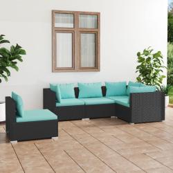 Salon de jardin 5 pcs avec coussins R&eacute;sine tress&eacute;e Noir