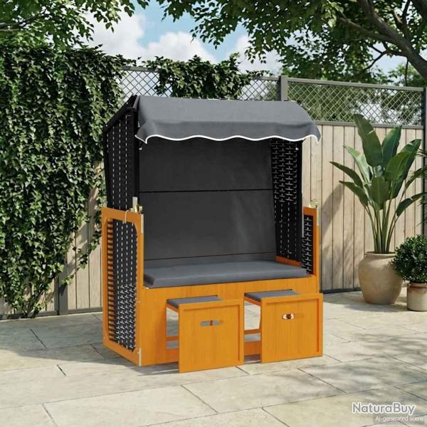 Strandkorb avec auvent r�sine tress�e et bois solide anthracite