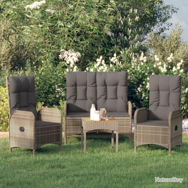 Ensemble � manger de jardin 3 pcs coussins gris r�sine tress�e