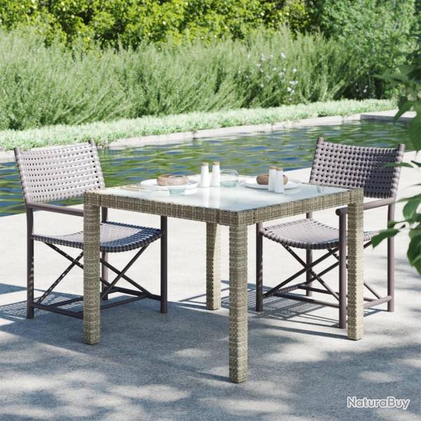 Table de jardin 90x90x75 cm Verre tremp� et r�sine tress�e Gris