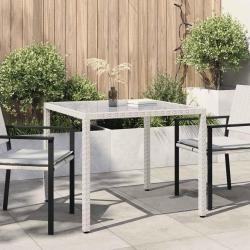 Table de jardin 90x90x75cm Verre tremp&eacute; et r&eacute;sine tress&eacute;e Blanc