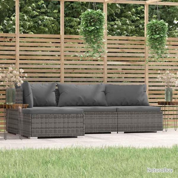 Salon de jardin 4 pcs avec coussins Gris R�sine tress�e
