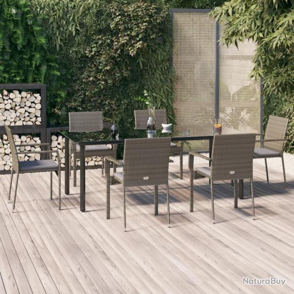 Ensemble � manger jardin et coussins 7 pcs Noir et gris Rotin
