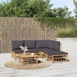 Salon de jardin 6 pcs avec coussins gris fonc&eacute; bambou