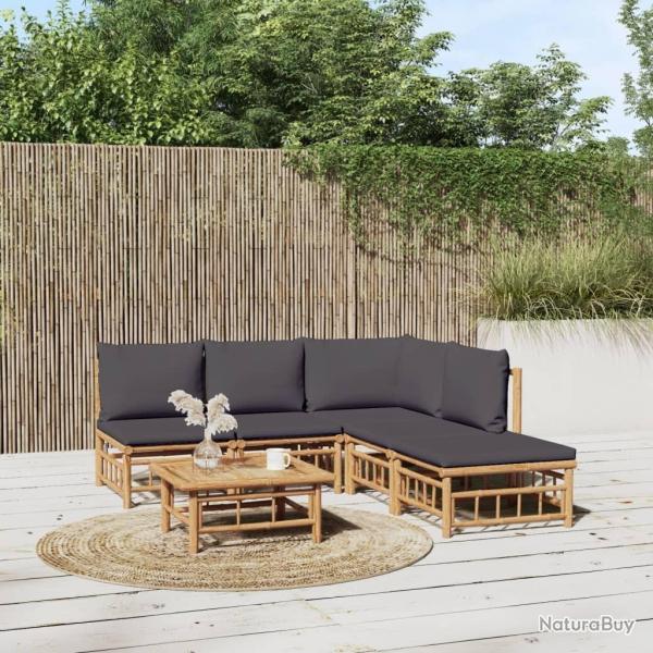 Salon de jardin 6 pcs avec coussins gris fonc� bambou
