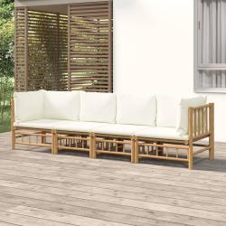 Salon de jardin 4 pcs avec coussins blanc cr&egrave;me bambou