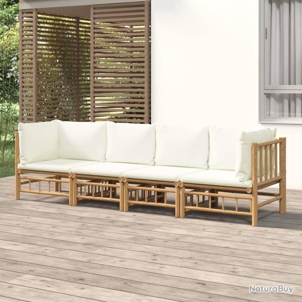 Salon de jardin 4 pcs avec coussins blanc cr�me bambou