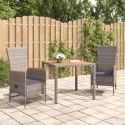Ensemble &agrave; manger de jardin 3 pcs coussins gris r&eacute;sine tress&eacute;e