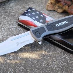Couteau Semi Automatic USMC Marines Lame Tanto Acier 3Cr13 Satin Manche Nylon Noir/Gris Brise-Vitres