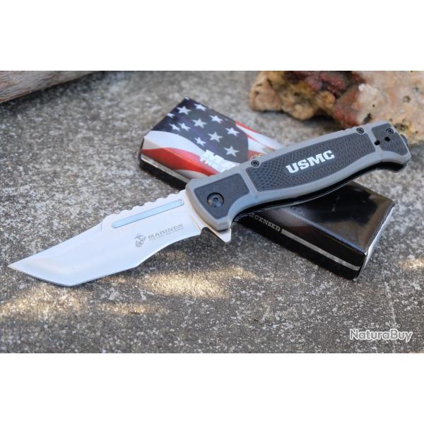 Couteau Semi Automatic USMC Marines Lame Tanto Acier 3Cr13 Satin Manche Nylon Noir/Gris Brise-Vitres