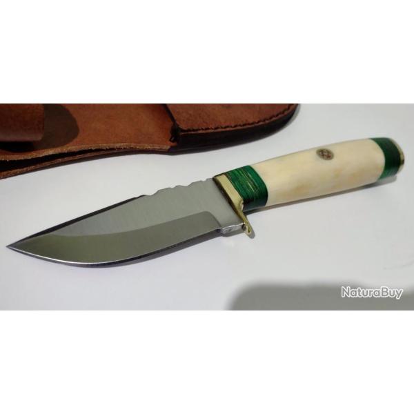 Couteau Skinner Rite Edge Green Mosiac Hunter Lame Acier Inoxydable Manche Os/Bois Etui CUir